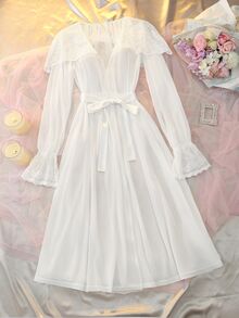 DelicateAllure White Mesh & Lace Patchwork Ruffle Hem Sheer Romantic Sexy Women's Nightgown - White - View 1