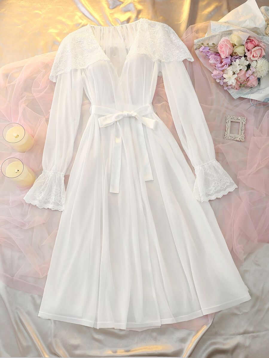 DelicateAllure White Mesh & Lace Patchwork Ruffle Hem Sheer Romantic Sexy Women's Nightgown - White - View 1