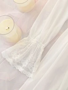 DelicateAllure White Mesh & Lace Patchwork Ruffle Hem Sheer Romantic Sexy Women's Nightgown - White - View 6