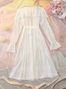 DelicateAllure White Mesh & Lace Patchwork Ruffle Hem Sheer Romantic Sexy Women's Nightgown - White - View 2