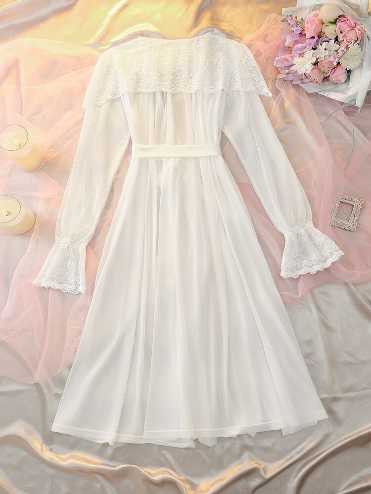 DelicateAllure White Mesh & Lace Patchwork Ruffle Hem Sheer Romantic Sexy Women's Nightgown - White - View 2