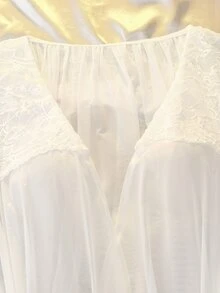 DelicateAllure White Mesh & Lace Patchwork Ruffle Hem Sheer Romantic Sexy Women's Nightgown - White - View 5