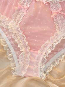 DelicateAllure Pink Mesh Patchwork Sheer Lace Patchwork Ruffled Bow Cute Women's Triangle Panties - Pink - View 3
