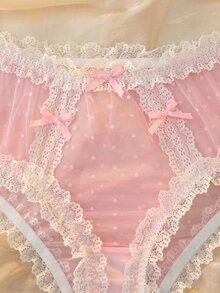 DelicateAllure Pink Mesh Patchwork Sheer Lace Patchwork Ruffled Bow Cute Women's Triangle Panties - Pink - View 5