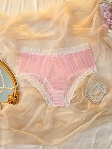 DelicateAllure Pink Mesh Patchwork Sheer Lace Patchwork Ruffled Bow Cute Women's Triangle Panties - Pink - View 2