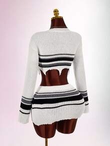 Amplova Black And White Striped Striped Long Sleeve Distressed Fitted Bodycon Mini Knit 2 Pieces Set Club Going Out Autumn Sexy Streetwear - Black and White - View 9