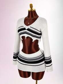 Amplova Black And White Striped Striped Long Sleeve Distressed Fitted Bodycon Mini Knit 2 Pieces Set Club Going Out Autumn Sexy Streetwear - Black and White - View 5