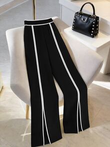SHEIN Tall CURVE Plus Size Women's Tall Commuter Style Colorblock Design Black And White Split Straight Leg Pants Fall - Black and White - View 5