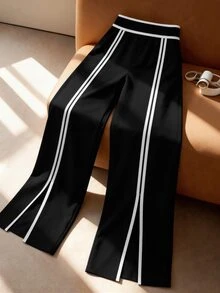 SHEIN Tall CURVE Plus Size Women's Tall Commuter Style Colorblock Design Black And White Split Straight Leg Pants Fall - Black and White - View 6