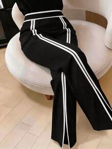 SHEIN Tall CURVE Plus Size Women's Tall Commuter Style Colorblock Design Black And White Split Straight Leg Pants Fall - Black and White - View 7