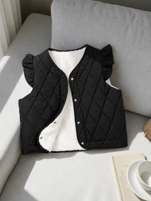 青少年女孩抓絨秋季服飾 絎縫保暖背心，黑白丹寧風蕾絲飾邊無袖內搭上衣，返校季，2026 體育館圖案酷款 - 黑色 - 查看 7