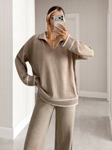 SHEIN Women Polo Neck Sweater And Sweater Pant 2pcs Set Co-Ords - White - View 4