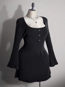 SHEIN ICON 大尺碼方領復古 Y2K 粗針編織收腰 A 字洋裝，返校穿搭，秋季冬季洋裝 - 灰色 - 查看 5