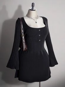 SHEIN ICON 大尺碼方領復古 Y2K 粗針編織收腰 A 字洋裝，返校穿搭，秋季冬季洋裝 - 灰色 - 查看 1