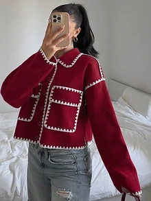 SHEIN 青少年女孩休閒拿破崙貓眼百搭紅撞色飾邊翻領大口袋秋冬羊毛夾克 - 紅色 - 查看 5