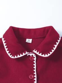 SHEIN 青少年女孩休閒拿破崙貓眼百搭紅撞色飾邊翻領大口袋秋冬羊毛夾克 - 紅色 - 查看 4