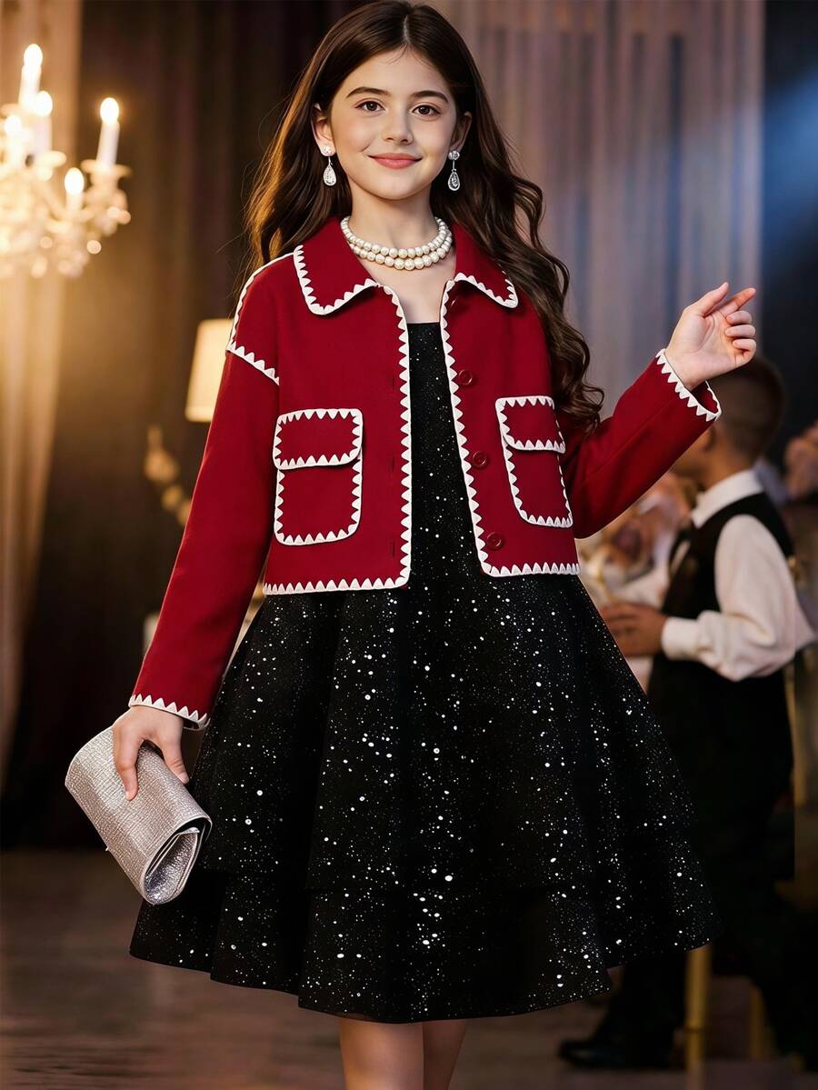 SHEIN 青少年女孩休閒拿破崙貓眼百搭紅撞色飾邊翻領大口袋秋冬羊毛夾克 - 紅色 - 查看 1