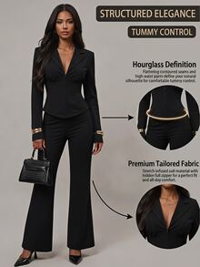 SHEIN Tall Solid Lapel Neck Blazer & Flare Leg Pants Suit Set - Black - View 4