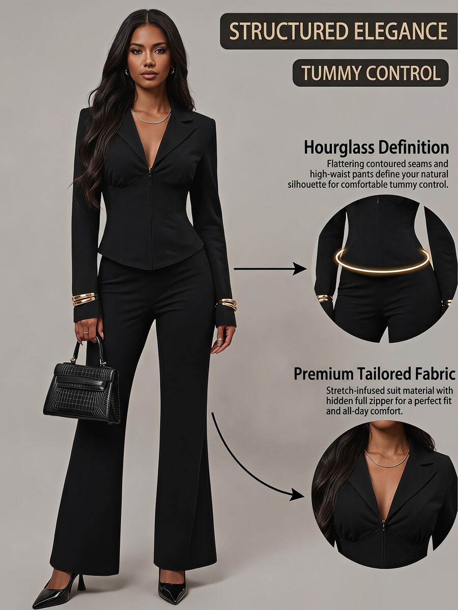 SHEIN Tall Solid Lapel Neck Blazer & Flare Leg Pants Suit Set - Black - View 1