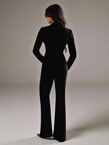 SHEIN Tall Solid Lapel Neck Blazer & Flare Leg Pants Suit Set - Black - View 2