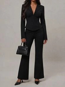 SHEIN Tall Solid Lapel Neck Blazer & Flare Leg Pants Suit Set - Black - View 3