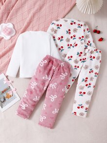 SHEIN Conjunto de 4 piezas de ropa de estar en casa para niña pequeña, color blanco, con pantalones largos y manga, estilo casual de princesa hada, de felpa, con aplique de lazo rosa, bordado de oso y estampado de cerezas - Multicolor - Ver 2