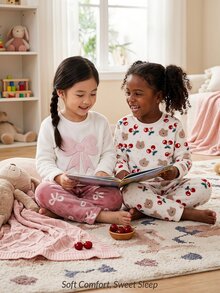 SHEIN Conjunto de 4 piezas de ropa de estar en casa para niña pequeña, color blanco, con pantalones largos y manga, estilo casual de princesa hada, de felpa, con aplique de lazo rosa, bordado de oso y estampado de cerezas - Multicolor - Ver 8