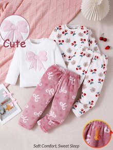SHEIN Conjunto de 4 piezas de ropa de estar en casa para niña pequeña, color blanco, con pantalones largos y manga, estilo casual de princesa hada, de felpa, con aplique de lazo rosa, bordado de oso y estampado de cerezas - Multicolor - Ver 3