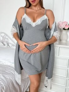 Moonlight&Mama Lace Trim Camisole Nightgown + Robe Maternity Sleepwear - Grey - View 3