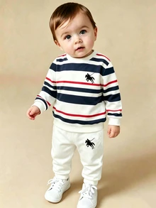 1套幼兒簡約復古休閒條紋運動衫套裝，經典對比條紋騎士小馬印花工藝，圓領長袖輕便運動衫與運動長褲2件套，適合日常上學、戶外出遊、購物、聚會、居家穿著等多種場合，時尚百搭運動套裝，適用男嬰，春/秋季 - 彩色 - 查看 4