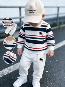 1套幼兒簡約復古休閒條紋運動衫套裝，經典對比條紋騎士小馬印花工藝，圓領長袖輕便運動衫與運動長褲2件套，適合日常上學、戶外出遊、購物、聚會、居家穿著等多種場合，時尚百搭運動套裝，適用男嬰，春/秋季 - 彩色 - 查看 1