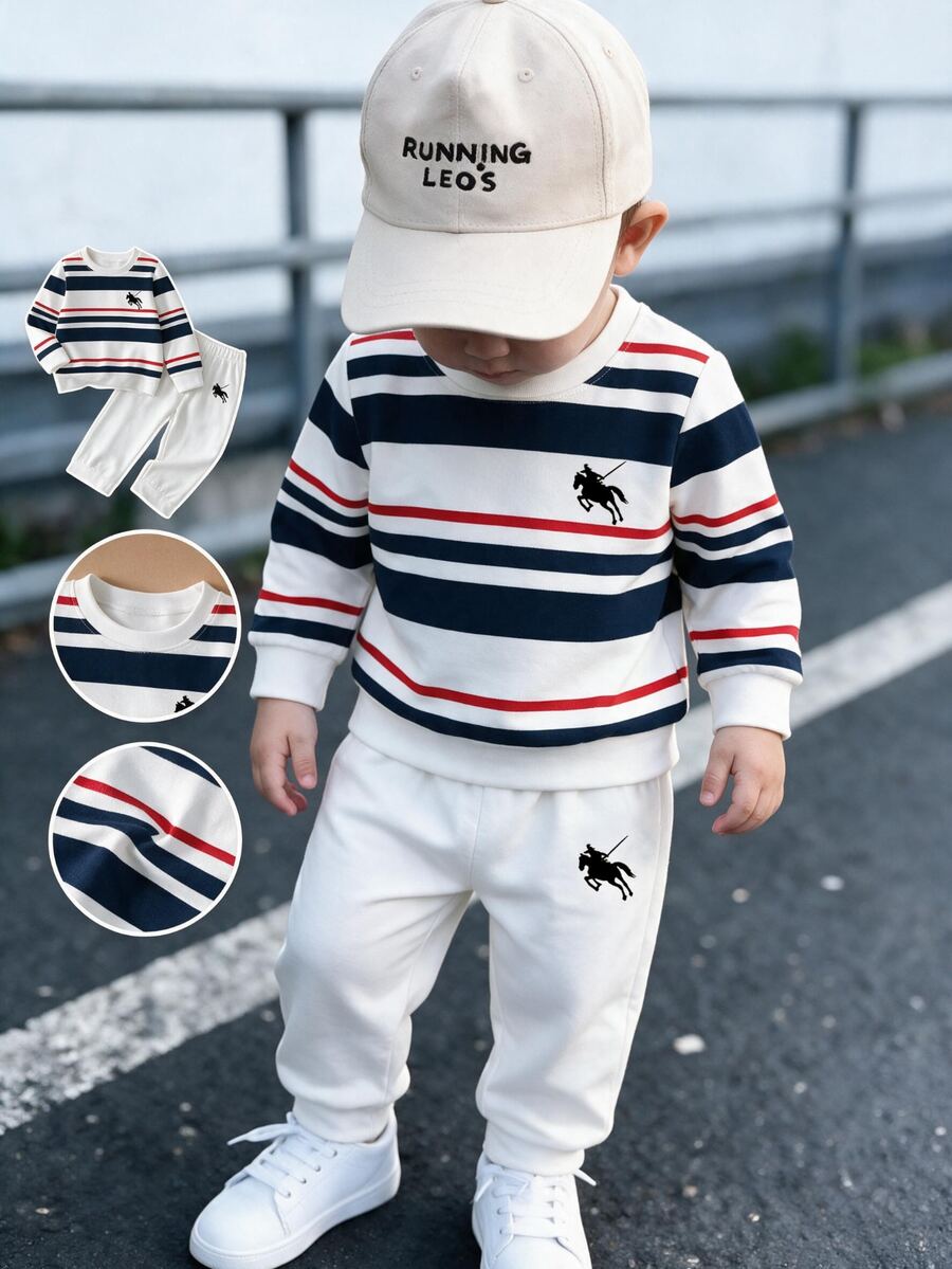 1套幼兒簡約復古休閒條紋運動衫套裝,經典對比條紋騎士小馬印花工藝,圓領長袖輕便運動衫與運動長褲2件套,適合日常上學、戶外出遊、購物、聚會、居家穿著等多種場合,時尚百搭運動套裝,適用男嬰,春/秋季 - 彩色 - 查看 1