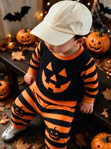Baby Boys Clothes Halloween Pumpkin Face Striped Long Sleeve Sweatshirt And Jogger Pants Set Fall Winter Tracksuit 2Pcs Outfit Holiday - Multicolor - View 1
