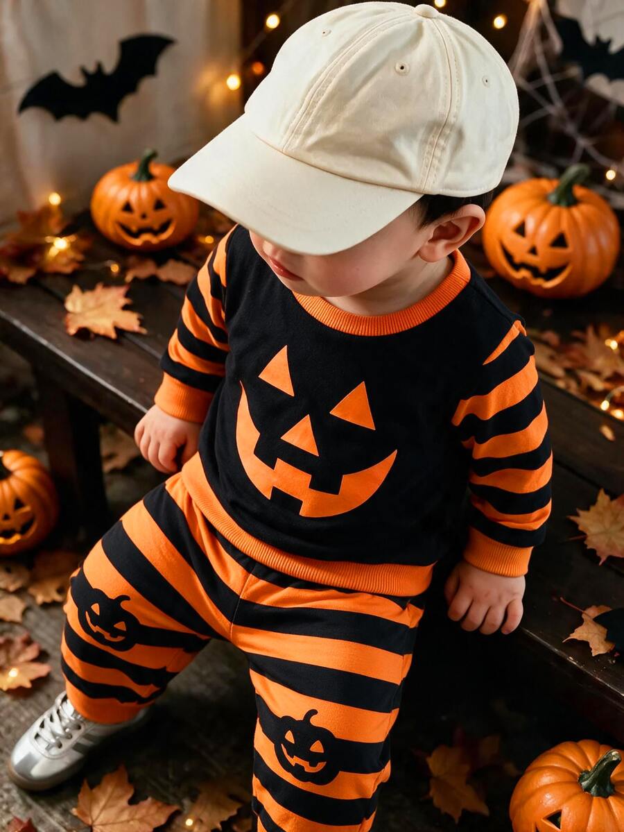 Baby Boys Clothes Halloween Pumpkin Face Striped Long Sleeve Sweatshirt And Jogger Pants Set Fall Winter Tracksuit 2Pcs Outfit Holiday - Multicolor - View 1