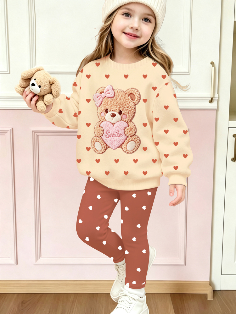 Young Girl Cute Bear Print Long Sleeve Sweatshirt And Leggings Set - Multicolor - View 3