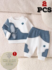 Pakaian Bayi Laki-laki Baru Lahir, Setelan Kasual Atletik Musim Gugur dengan Motif Denim Imitasi dan Celana Panjang Patchwork. - MultiWarna - View 6