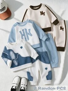 Pakaian Bayi Laki-laki Baru Lahir, Setelan Kasual Atletik Musim Gugur dengan Motif Denim Imitasi dan Celana Panjang Patchwork. - MultiWarna - View 1