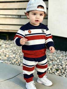 Baby Boy Striped Crew Neck Long Sleeve Sweatshirt And Sweatpants Casual Set - Multicolor - View 3
