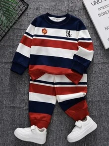 Baby Boy Striped Crew Neck Long Sleeve Sweatshirt And Sweatpants Casual Set - Multicolor - View 1