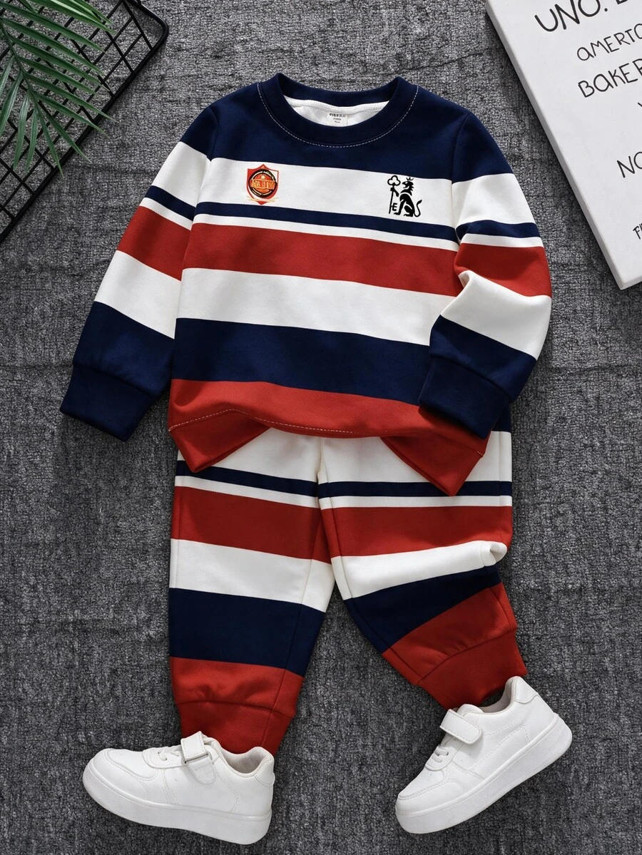 Baby Boy Striped Crew Neck Long Sleeve Sweatshirt And Sweatpants Casual Set - Multicolor - View 1