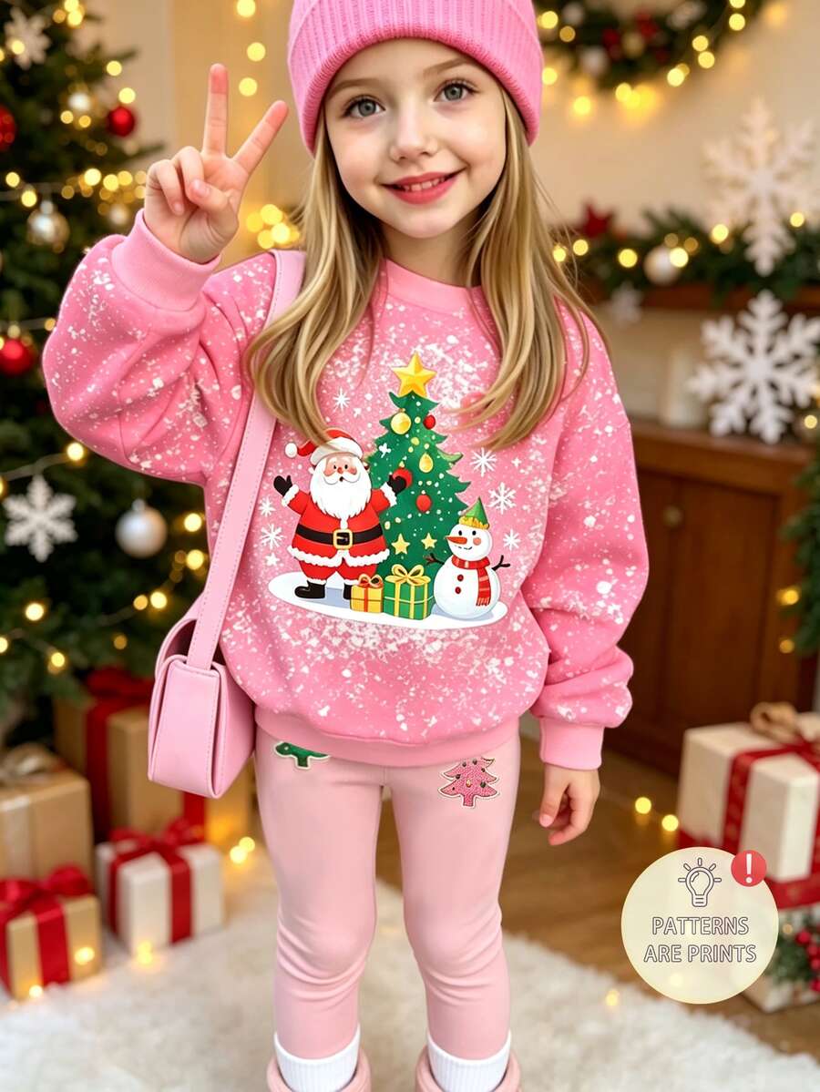 女童新款粉色雪花運動衫與長褲兩件套,聖誕老人、聖誕樹、雪人印花,保暖內裡,可愛舒適柔軟,秋冬休閒時尚百搭,適用萬聖節、學校、聖誕節,日系可愛風 - 彩色 - 查看 1