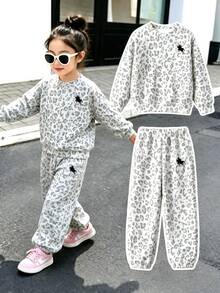Toddler Girls 1 Set Fall Pony & Leopard Print Crew Neck Sweatshirt & Sweatpants Set, Cute Casual Autumn Outfit - Multicolor - View 2