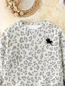 Toddler Girls 1 Set Fall Pony & Leopard Print Crew Neck Sweatshirt & Sweatpants Set, Cute Casual Autumn Outfit - Multicolor - View 6
