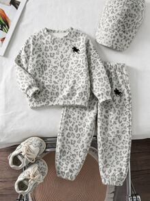 Toddler Girls 1 Set Fall Pony & Leopard Print Crew Neck Sweatshirt & Sweatpants Set, Cute Casual Autumn Outfit - Multicolor - View 1