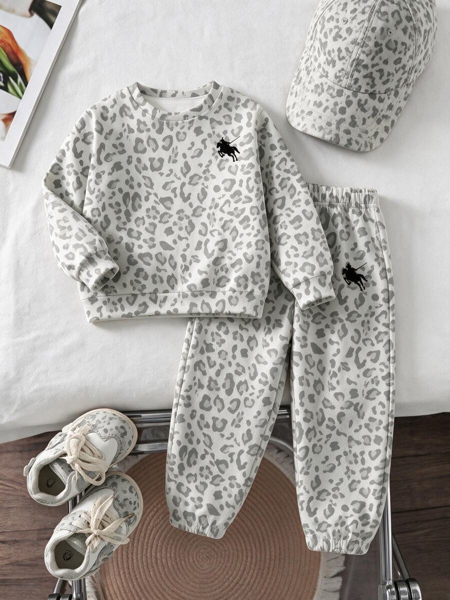 Toddler Girls 1 Set Fall Pony & Leopard Print Crew Neck Sweatshirt & Sweatpants Set, Cute Casual Autumn Outfit - Multicolor - View 1