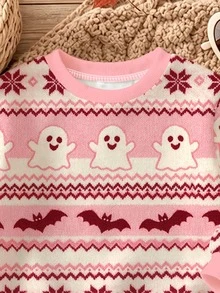 Setelan Baju Sweatshirt dan Legging Motif Hantu & Kelelawar Halloween untuk Anak Perempuan, Kerah Bulat Lengan Panjang 2 Potong - MultiWarna - View 5