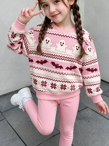 Setelan Baju Sweatshirt dan Legging Motif Hantu & Kelelawar Halloween untuk Anak Perempuan, Kerah Bulat Lengan Panjang 2 Potong - MultiWarna - View 2