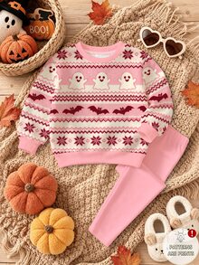 Setelan Baju Sweatshirt dan Legging Motif Hantu & Kelelawar Halloween untuk Anak Perempuan, Kerah Bulat Lengan Panjang 2 Potong - MultiWarna - View 8