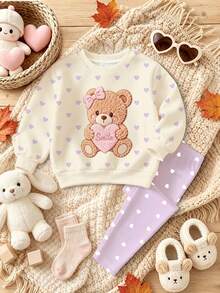 Young Girl Cute Bear & Heart Print Sweatshirt + Heart Pattern Leggings 2 Pieces Set Autumn Winter - Multicolor - View 4