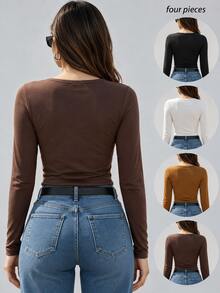 SHEIN Unity Small V-Neck Slim Fit Long Sleeve Solid Color Slimming Basic Layering T-Shirt - Multicolor - View 2